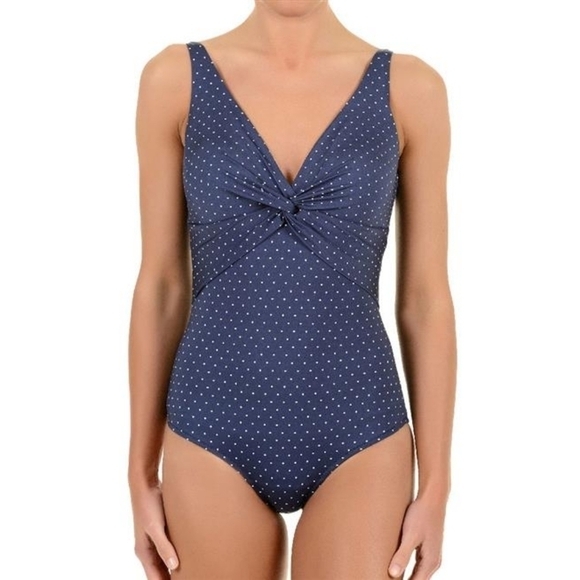 Retro‎ Pin-Up David Swimwear Blue Polka Dot One Piece Luxe Swimsuit Size 10 - Picture 1 of 8